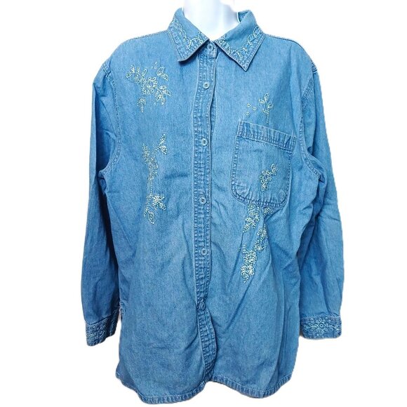 Embroidered Denim Button-Up Shirt With Floral Accents By Passion-I XL - Picture 1 of 7